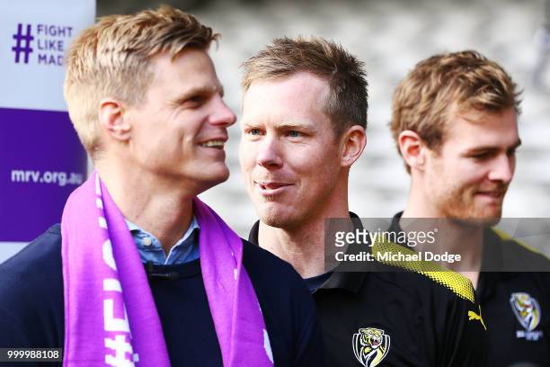 St.Kilda Saints legend Nick Riewoldt reacts when listening to his brother Jack Riewoldt of the Tigers during the Maddie's Match AFL Media Opportunity...