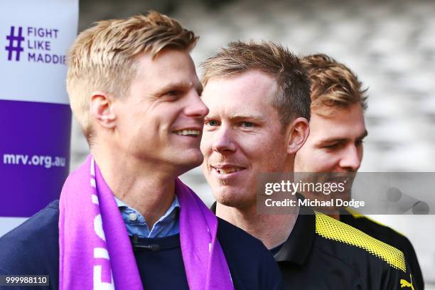 St.Kilda Saints legend Nick Riewoldt reacts when listening to his brother Jack Riewoldt of the Tigers during the Maddie's Match AFL Media Opportunity...