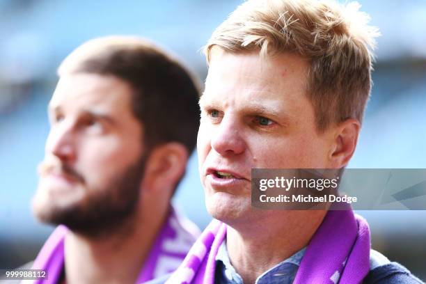 St.Kilda Saints legend Nick Riewoldt speaks to media during the Maddie's Match AFL Media Opportunity at Etihad Stadium on July 16, 2018 in Melbourne,...