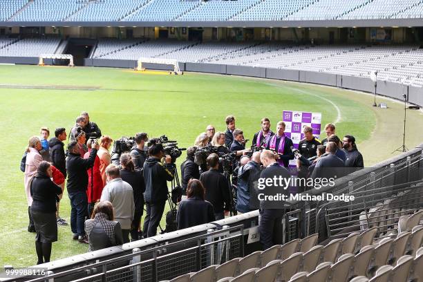 St.Kilda Saints legend Nick Riewoldt speaks to media during the Maddie's Match AFL Media Opportunity at Etihad Stadium on July 16, 2018 in Melbourne,...