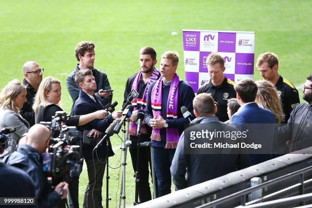 St.Kilda Saints legend Nick Riewoldt speaks to media during the Maddie's Match AFL Media Opportunity at Etihad Stadium on July 16, 2018 in Melbourne,...