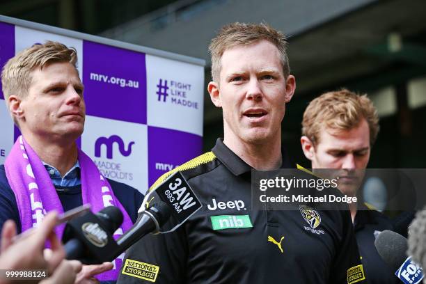 Jack Riewoldt of the Tigers speaks to media during the Maddie's Match AFL Media Opportunity at Etihad Stadium on July 16, 2018 in Melbourne,...