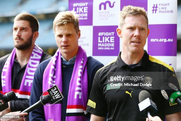 Jack Riewoldt of the Tigers speaks to media during the Maddie's Match AFL Media Opportunity at Etihad Stadium on July 16, 2018 in Melbourne,...