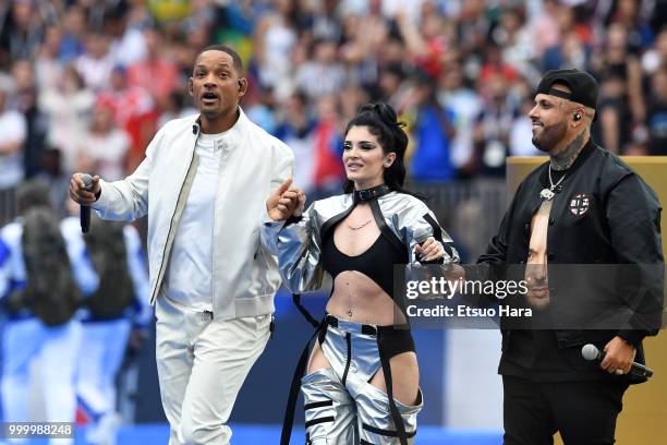 Will Smith, Era Istrefi and Nicky Jam perform during the closing ceremony prior to the 2018 FIFA World Cup Russia Final between France and Croatia at...