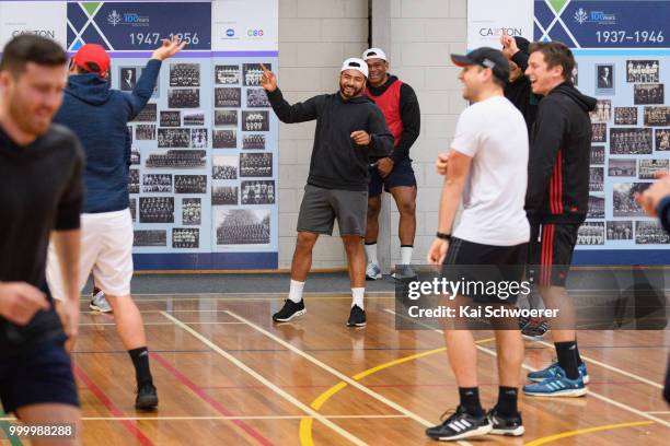 Richie Mo'unga reacts during a Crusaders Super Rugby training session at St Andrew's College on July 16, 2018 in Christchurch, New Zealand.