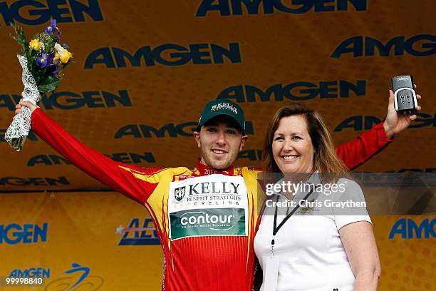 Ryan Anderson of Canada, riding for team Kelly Benefits celebrates on the podium with the King of the Mountains Jersey after the fourth stage of the...