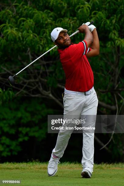 Harold Varner III hits a tee shot on the second hole during the final round of the John Deere Classic on July 15, 2018 at the TPC Deere Run in...