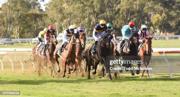 Great Alpine Road ridden by Jarrod Fry first time round in the Ladbrokes BM58 Handicap at Murtoa Racecourse on July 16, 2018 in Murtoa, Australia.