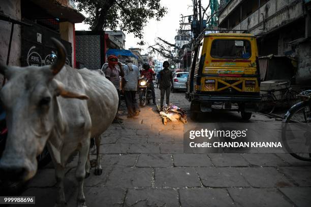 In this photograph taken on June 2, 2018 Indian men keep a dead body on the ground as they unload it from a van at the Harishchandra Ghat in the old...