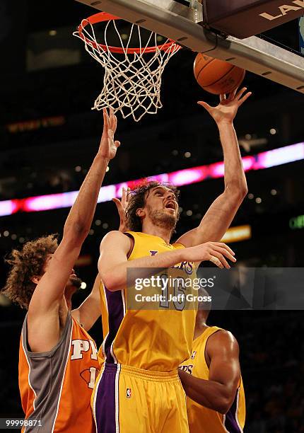 Pau Gasol of the Los Angeles Lakers shoots a layup against the Phoenix Suns in Game Two of the Western Conference Finals during the 2010 NBA Playoffs...