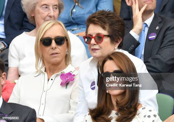 Martina Navratilova and Billie Jean King attend day twelve of the Wimbledon Tennis Championships at the All England Lawn Tennis and Croquet Club on...