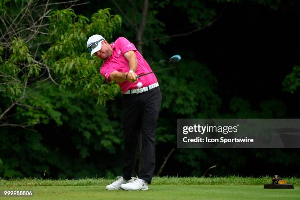 Robert Garrigus hits a shot on the second hole during the final round of the John Deere Classic on July 15, 2018 at the TPC Deere Run in Silvis,...