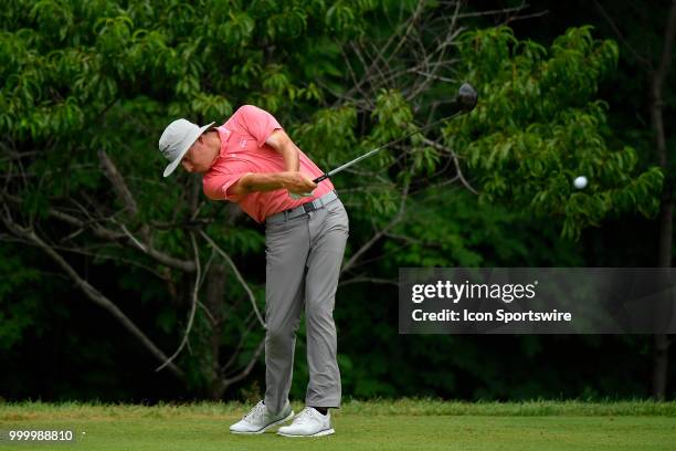 Joel Dahmen hits a tee shot on the second hole during the final round of the John Deere Classic on July 15, 2018 at the TPC Deere Run in Silvis,...