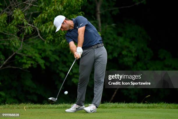 Denny McCarthy hits a tee shot on the second hole during the final round of the John Deere Classic on July 15, 2018 at the TPC Deere Run in Silvis,...