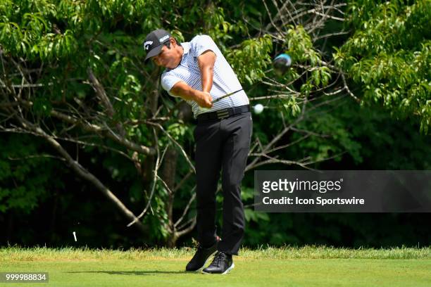 Andres Romero of Argentina hits a tee shot on the second hole during the final round of the John Deere Classic on July 15, 2018 at the TPC Deere Run...
