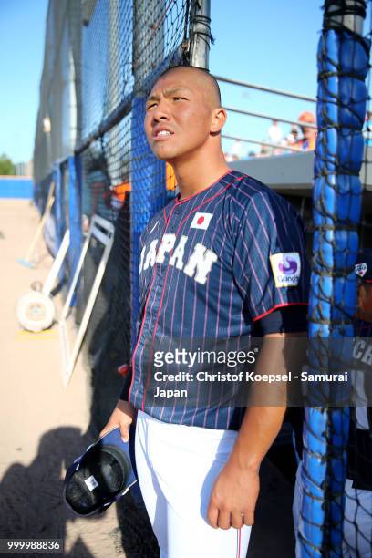 Yuma Tongu of Japan looks on during the Haarlem Baseball Week game between Cuba and Japan at Pim Mulier Stadion on July 15, 2018 in Haarlem,...