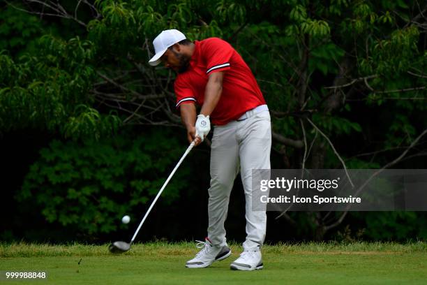 Harold Varner III hits a tee shot on the second hole during the final round of the John Deere Classic on July 15, 2018 at the TPC Deere Run in...