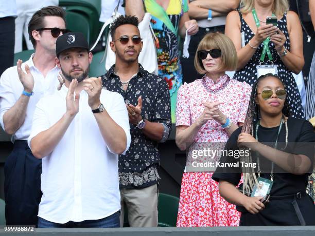 Alexis Ohanian, Lewis Hamilton and Anna Wintour attend day twelve of the Wimbledon Tennis Championships at the All England Lawn Tennis and Croquet...