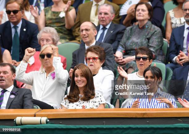 Martina Navratilova and Billie Jean King, Catherine, Duchess of Cambridge and Meghan, Duchess of Sussex attend day twelve of the Wimbledon Tennis...