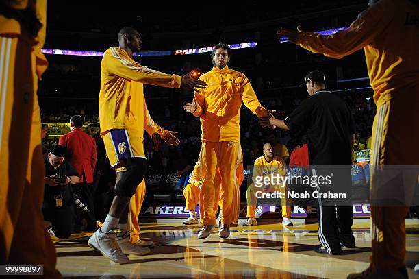 Pau Gasol of the Los Angeles Lakers is introduced in the starting lineups before taking on the Phoenix Suns in Game Two of the Western Conference...
