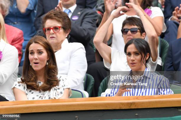 Catherine, Duchess of Cambridge and Meghan, Duchess of Sussex attend day twelve of the Wimbledon Tennis Championships at the All England Lawn Tennis...