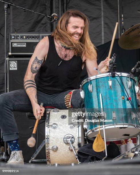 Drummer Devin Mauch of Ballroom Theives performs during the Green River Festival at the Greenfield Community College on July 15, 2018 in Greenfield,...