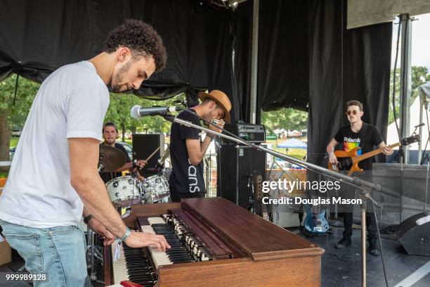 Khalif Neville and Friends performs during the Green River Festival at the Greenfield Community College on July 15, 2018 in Greenfield, Massachusetts.