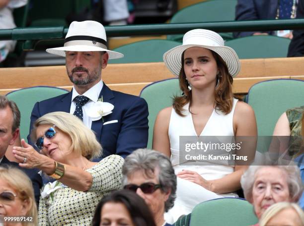 John Vosler and Emma Watson attend day twelve of the Wimbledon Tennis Championships at the All England Lawn Tennis and Croquet Club on July 14, 2018...