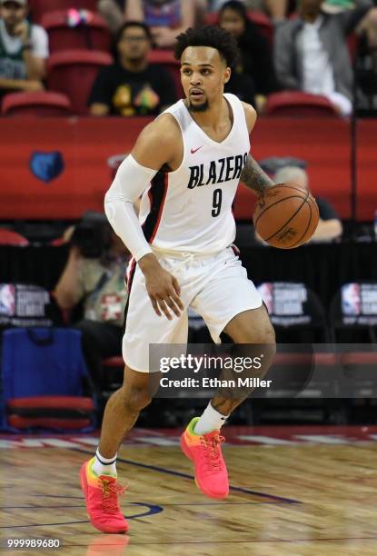 Gary Trent Jr. #9 of the Portland Trail Blazers brings the ball up the court against the Boston Celtics during a quarterfinal game of the 2018 NBA...