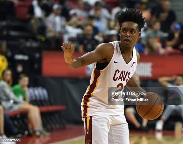 Collin Sexton of the Cleveland Cavaliers sets up a play against the Toronto Raptors during a quarterfinal game of the 2018 NBA Summer League at the...
