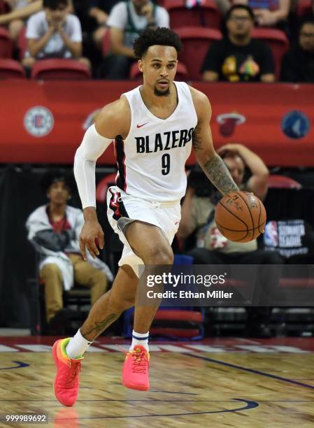 Gary Trent Jr. #9 of the Portland Trail Blazers brings the ball up the court against the Boston Celtics during a quarterfinal game of the 2018 NBA...