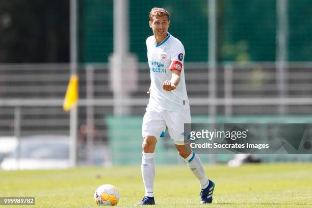 Daniel Schwaab of PSV during the Club Friendly match between PSV v Neuchatel Xamax FCS on July 14, 2018 in Bagnes Switzerland