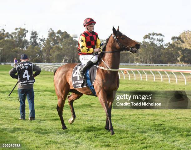 Magna Carta ridden by Damien Thornton goes out for the CHS Group Horsham BM58 Handicap at Murtoa Racecourse on July 16, 2018 in Murtoa, Australia.