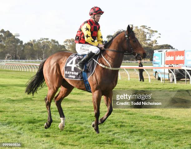 Magna Carta ridden by Damien Thornton goes out for the CHS Group Horsham BM58 Handicap at Murtoa Racecourse on July 16, 2018 in Murtoa, Australia.