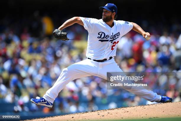 Clayton Kershaw of the Los Angeles Dodgers pitchs during the MLB game against the Los Angeles Angels at Dodger Stadium on July 15, 2018 in Los...