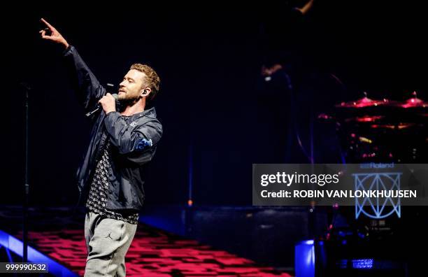 Justin Timberlake performs on the stage during a concert, as part of his tour "The Man Of The Woods", in the Ziggo Dome in Amsterdam, on July 15,...