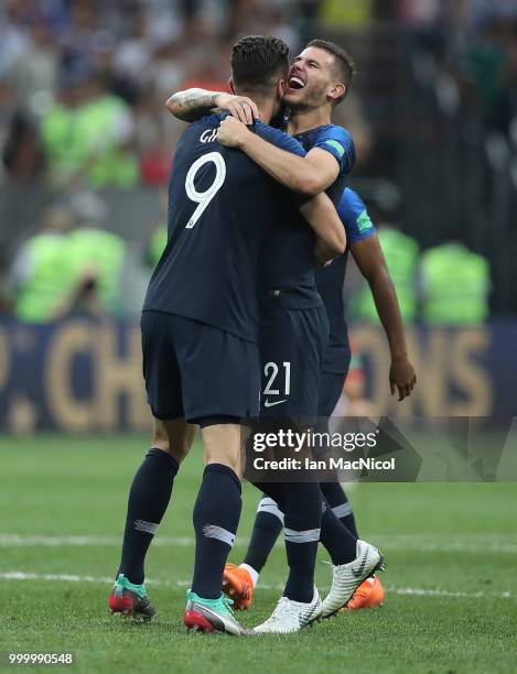 Olivier Giroud and Lucas Hernandez of France celebrates at the final whistle during the 2018 FIFA World Cup Russia Final between France and Croatia...