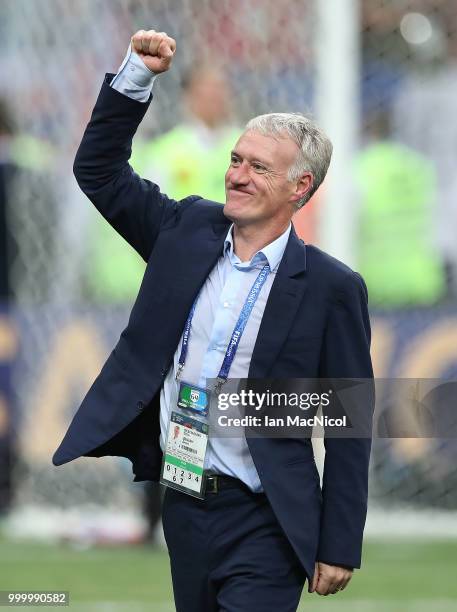 France coach Didier Deschamps celebrates at the final whistle during the 2018 FIFA World Cup Russia Final between France and Croatia at Luzhniki...