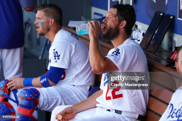 Clayton Kershaw of the Los Angeles Dodgers is seen during the MLB game against the Los Angeles Angels at Dodger Stadium on July 15, 2018 in Los...