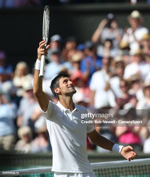 Novak Djokovic celebrates after winning his match against Kevin Anderson in the Final of the Gentlemen's Singles at All England Lawn Tennis and...