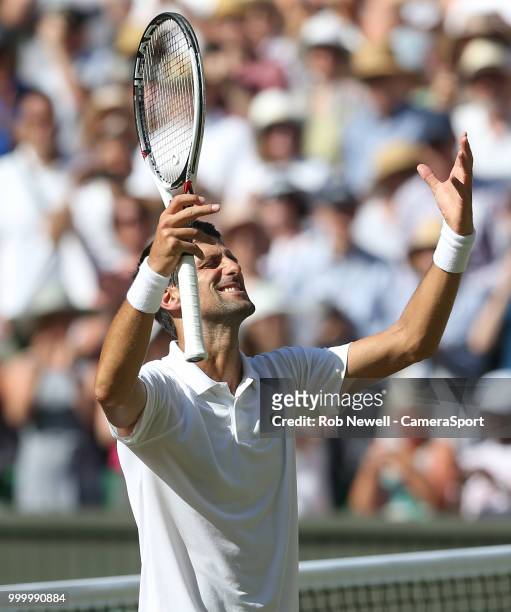 Novak Djokovic celebrates after winning his match against Kevin Anderson in the Final of the Gentlemen's Singles at All England Lawn Tennis and...
