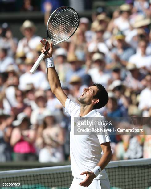 Novak Djokovic celebrates after winning his match against Kevin Anderson in the Final of the Gentlemen's Singles at All England Lawn Tennis and...