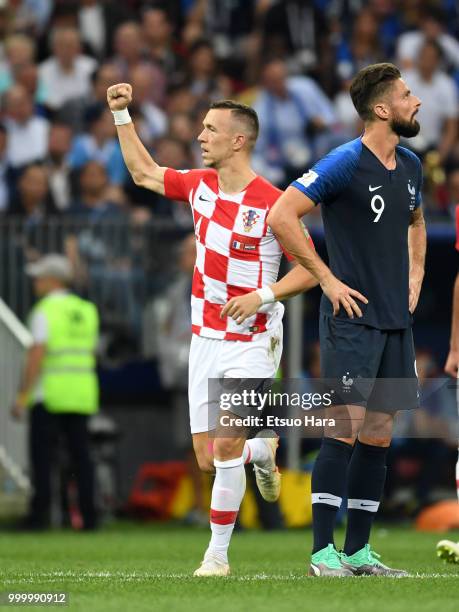 Ivan Perisic of Croatia celebrates scoring his side's first goall during the 2018 FIFA World Cup Russia Final between France and Croatia at Luzhniki...