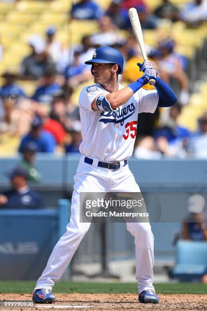 Cody Bellinger of the Los Angeles Dodgers at bat during the MLB game against the Los Angeles Angels at Dodger Stadium on July 15, 2018 in Los...