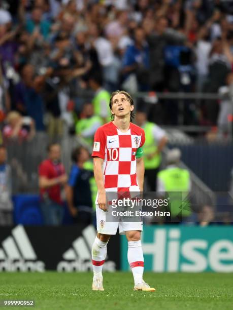 Luka Modric of Croatia looks dejected during the 2018 FIFA World Cup Russia Final between France and Croatia at Luzhniki Stadium on July 15, 2018 in...
