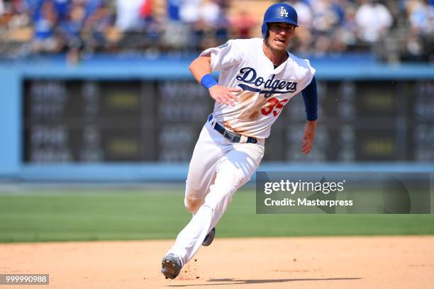 Cody Bellinger of the Los Angeles Dodgers in action during the MLB game against the Los Angeles Angels at Dodger Stadium on July 15, 2018 in Los...