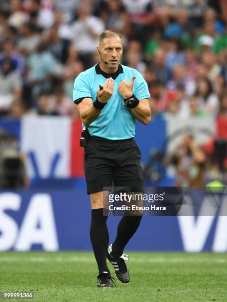 Referee Nestor Pitana of Argentina gestures during the 2018 FIFA World Cup Russia Final between France and Croatia at Luzhniki Stadium on July 15,...
