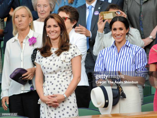 Catherine, Duchess of Cambridge and Meghan, Duchess of Sussex attend day twelve of the Wimbledon Lawn Tennis Championships at All England Lawn Tennis...