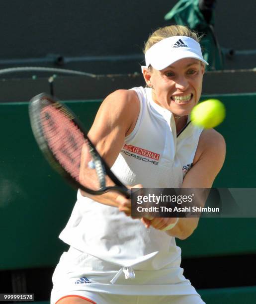 Angelique Kerber of Germany plays a forehand against Serena Williams of The United States in the Ladies' Singles final on day twelve of the Wimbledon...