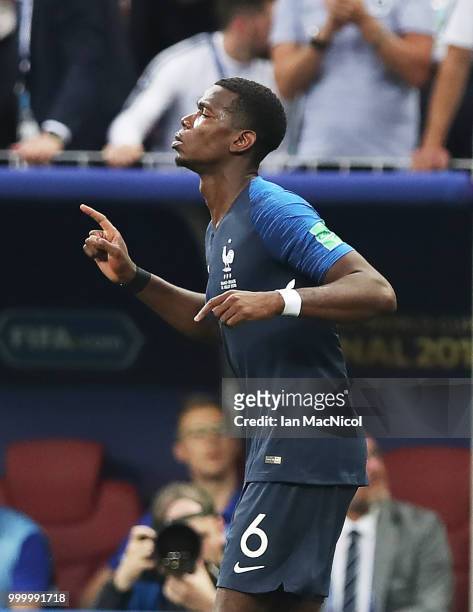 Paul Pogba of France celebrates after he scores during the 2018 FIFA World Cup Russia Final between France and Croatia at Luzhniki Stadium on July...